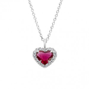Platinum Heart-Shaped Ruby and Diamond Pendant Necklace